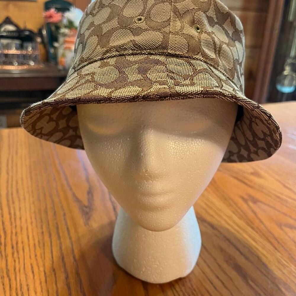 Coach Signature Logo Brown and Tan Bucket Hat Women's